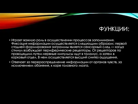 ФУНКЦИИ: Играет важную роль в осуществлении процессов запоминания. Фиксация информации осуществляется