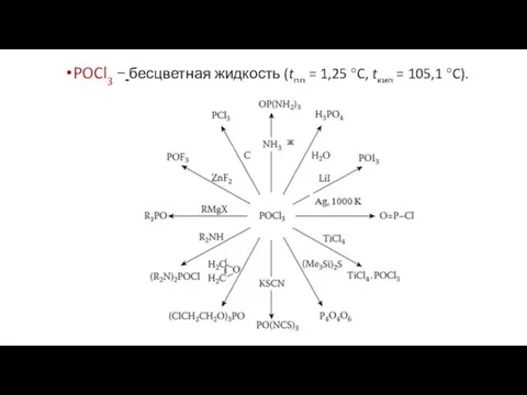 POCl3 − бесцветная жидкость (tпл = 1,25 °C, tкип = 105,1 °C).