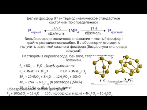 Белый фосфор (P4) – термодинамическое стандартное состояние (по определению) Белый фосфор