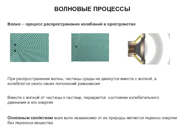 ВОЛНОВЫЕ ПРОЦЕССЫ При распространении волны, частицы среды не движутся вместе с