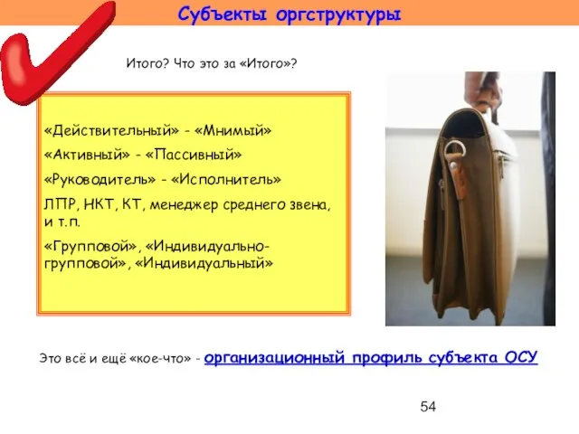 Субъекты оргструктуры Итого? Что это за «Итого»? «Действительный» - «Мнимый» «Активный»