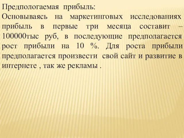 Предпологаемая прибыль: Основываясь на маркетинговых исследованиях прибыль в первые три месяца