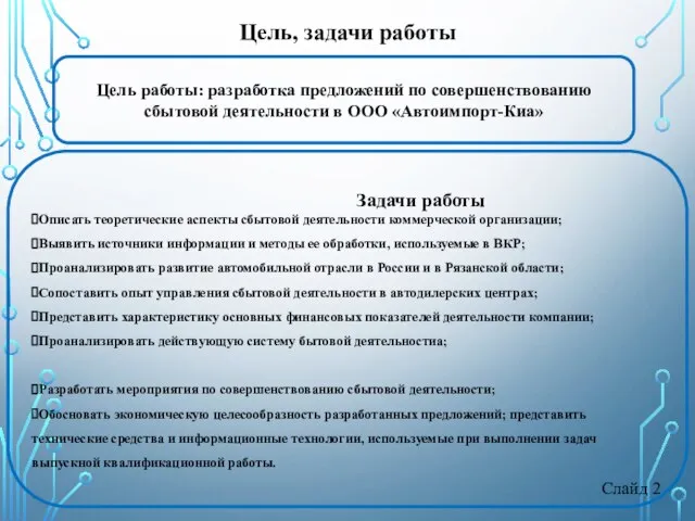 Слайд 2 Цель работы: разработка предложений по совершенствованию сбытовой деятельности в