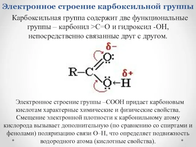 Электронное строение карбоксильной группы Карбоксильная группа содержит две функциональные группы –