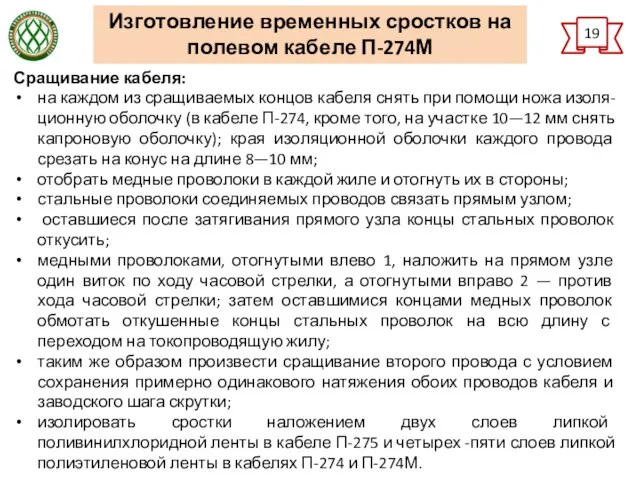 19 Изготовление временных сростков на полевом кабеле П-274М Сращивание кабеля: на