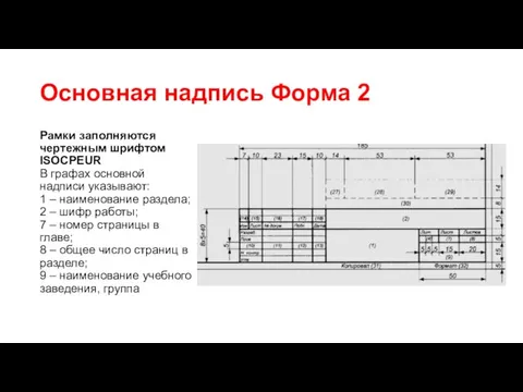 Основная надпись Форма 2 Рамки заполняются чертежным шрифтом ISOCPEUR В графах