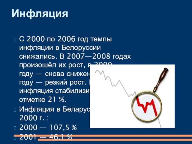 С 2000 по 2006 год темпы инфляции в Белоруссии снижались. В