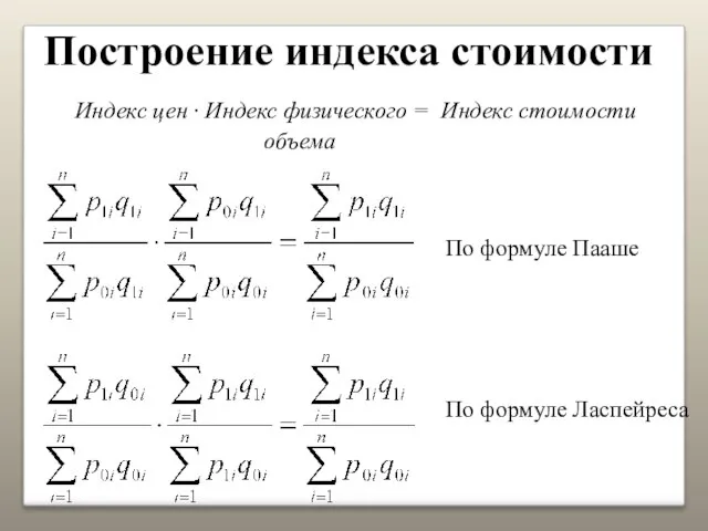 Построение индекса стоимости Индекс цен · Индекс физического = Индекс стоимости