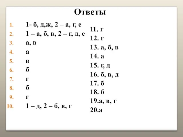 Ответы 1- б, д,ж, 2 – а, г, е 1 –