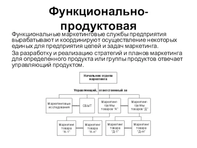 Функционально-продуктовая Функциональные маркетинговые службы предприятия вырабатывают и координируют осуществление некоторых единых