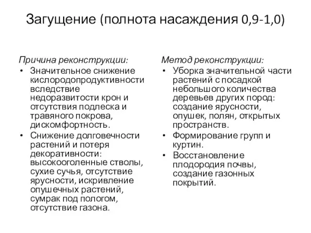 Загущение (полнота насаждения 0,9-1,0) Причина реконструкции: Значительное снижение кислородопродуктивности вследствие недоразвитости