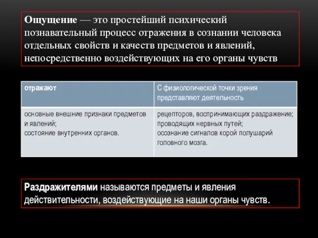 Раздражителями называются предметы и явления действительности, воздействующие на наши органы чувств.