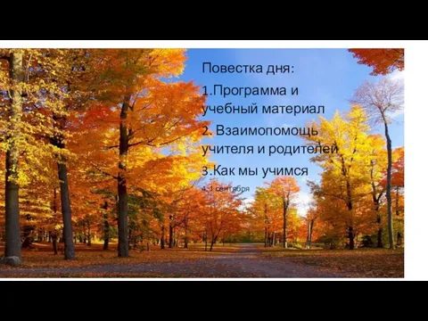 Повестка дня: 1.Программа и учебный материал 2. Взаимопомощь учителя и родителей