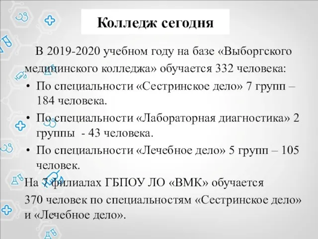 Колледж сегодня В 2019-2020 учебном году на базе «Выборгского медицинского колледжа»