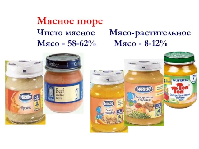 Мясное пюре Чисто мясное Мясо-растительное Мясо - 58-62% Мясо - 8-12%