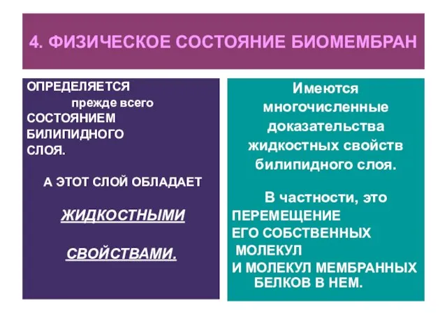 4. ФИЗИЧЕСКОЕ СОСТОЯНИЕ БИОМЕМБРАН ОПРЕДЕЛЯЕТСЯ прежде всего СОСТОЯНИЕМ БИЛИПИДНОГО СЛОЯ. А