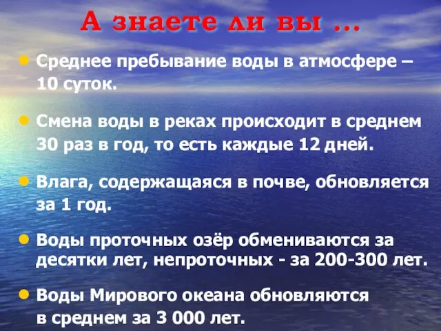 Среднее пребывание воды в атмосфере – 10 суток. Смена воды в