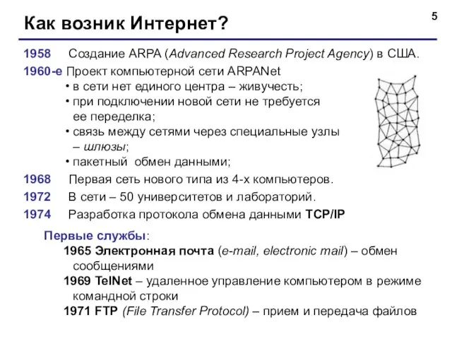 Как возник Интернет? 1958 Создание ARPA (Advanced Research Project Agency) в
