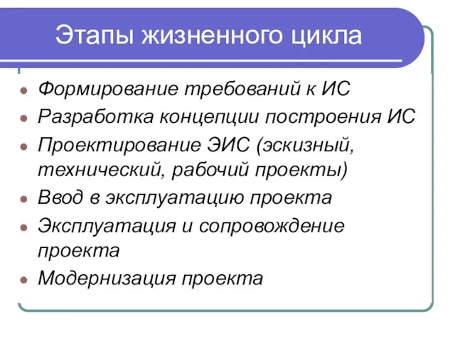 Этапы жизненного цикла Формирование требований к ИС Разработка концепции построения ИС