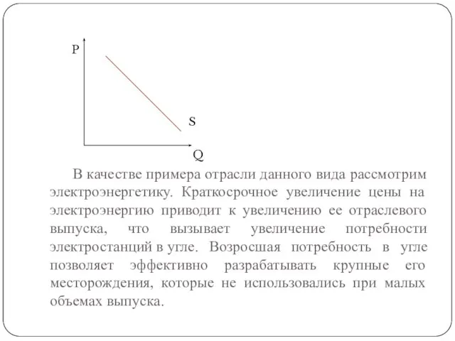 В качестве примера отрасли данного вида рассмотрим электроэнергетику. Краткосрочное увеличение цены