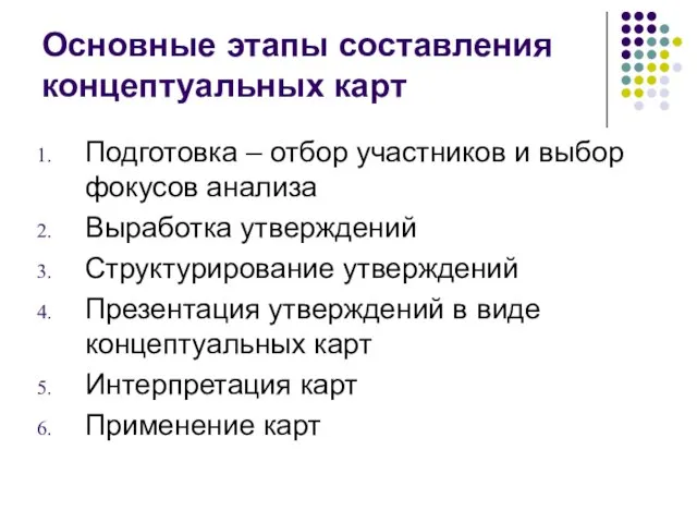 Основные этапы составления концептуальных карт Подготовка – отбор участников и выбор