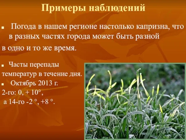 Примеры наблюдений Погода в нашем регионе настолько капризна, что в разных