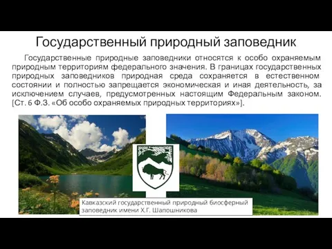 Государственный природный заповедник Государственные природные заповедники относятся к особо охраняемым природным