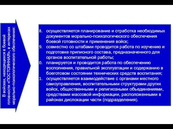 В войсках, находящихся в боевой готовности «ПОСТОЯННАЯ», в интересах морально-психологического обеспечения: