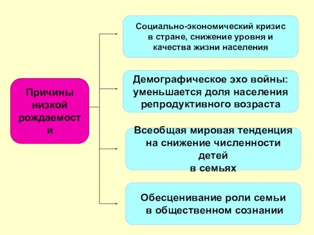 Причины низкой рождаемости Социально-экономический кризис в стране, снижение уровня и качества