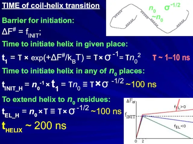 TIME of coil-helix transition Barrier for initiation: ΔF# = fINIT; Time