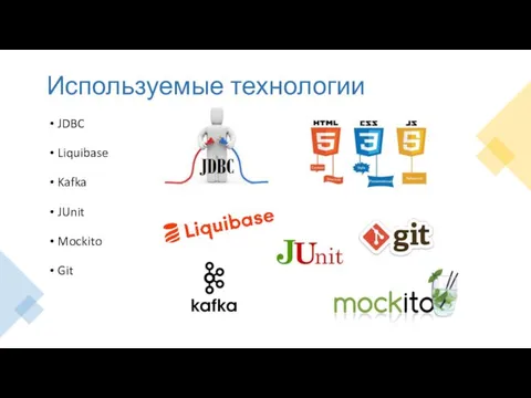 Используемые технологии JDBC Liquibase Kafka JUnit Mockito Git