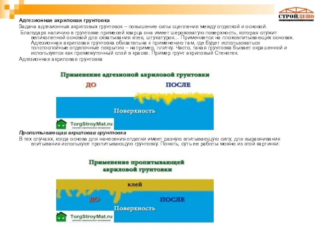 Адгезионная акриловая грунтовка Задача адгезионных акриловых грунтовок – повышение силы сцепления