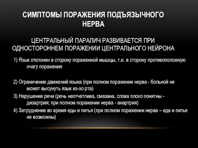 CИМПТОМЫ ПОРАЖЕНИЯ ПОДЪЯЗЫЧНОГО НЕРВА ЦЕНТРАЛЬНЫЙ ПАРАЛИЧ РАЗВИВАЕТСЯ ПРИ ОДНОСТОРОННЕМ ПОРАЖЕНИИ ЦЕНТРАЛЬНОГО