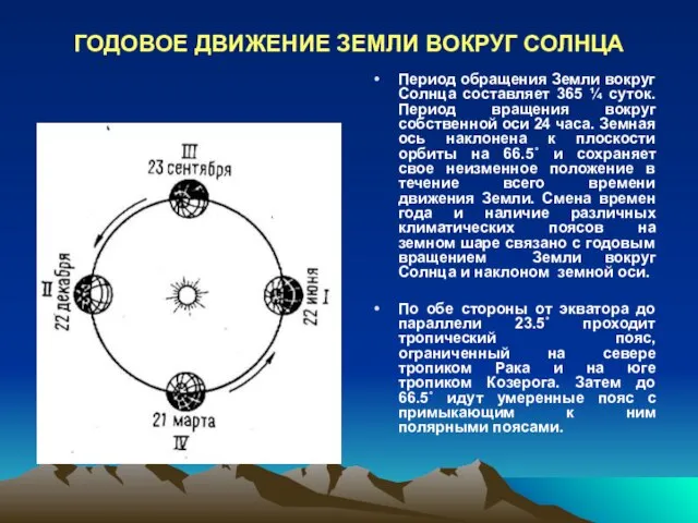 ГОДОВОЕ ДВИЖЕНИЕ ЗЕМЛИ ВОКРУГ СОЛНЦА Период обращения Земли вокруг Солнца составляет