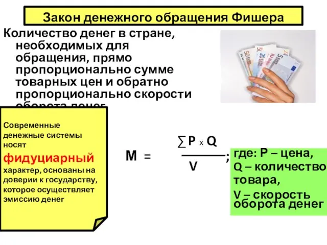 Закон денежного обращения Фишера Количество денег в стране, необходимых для обращения,