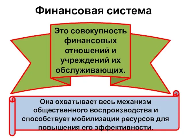 Финансовая система Это совокупность финансовых отношений и учреждений их обслуживающих. Она