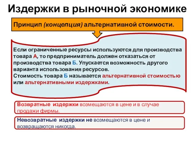 Издержки в рыночной экономике Принцип (концепция) альтернативной стоимости. Если ограниченные ресурсы