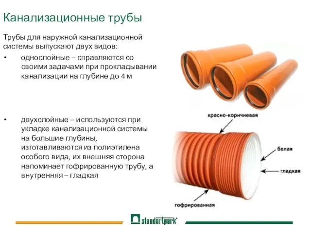 Канализационные трубы Трубы для наружной канализационной системы выпускают двух видов: однослойные
