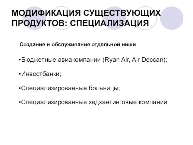 МОДИФИКАЦИЯ СУЩЕСТВУЮЩИХ ПРОДУКТОВ: СПЕЦИАЛИЗАЦИЯ Бюджетные авиакомпании (Ryan Air, Air Deccan); Инвестбанки;