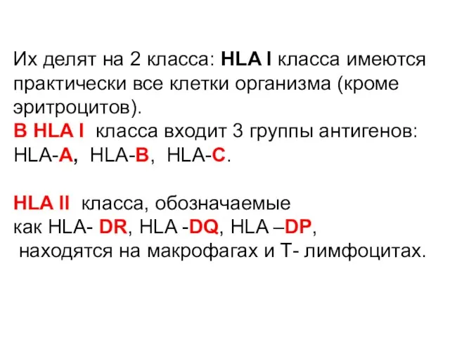 Их делят на 2 класса: HLA I класса имеются практически все