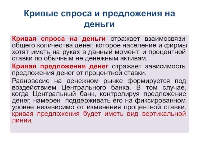 Кривые спроса и предложения на деньги Кривая спроса на деньги отражает