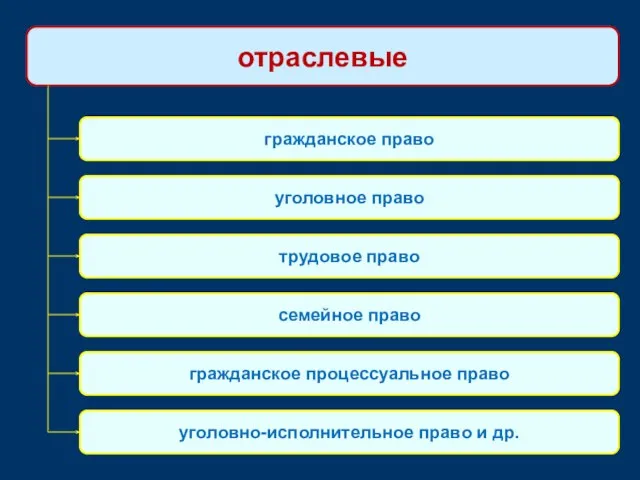 отраслевые гражданское право уголовное право трудовое право семейное право гражданское процессуальное право уголовно-исполнительное право и др.