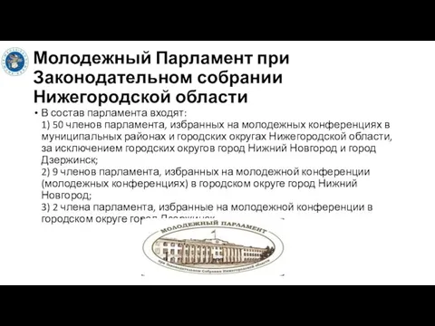 Молодежный Парламент при Законодательном собрании Нижегородской области В состав парламента входят: