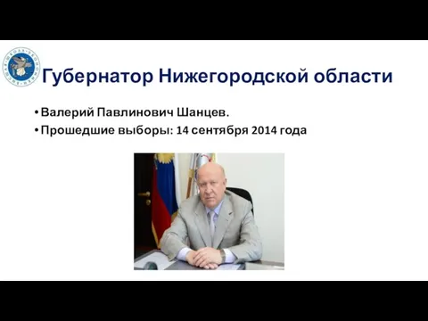 Губернатор Нижегородской области Валерий Павлинович Шанцев. Прошедшие выборы: 14 сентября 2014 года