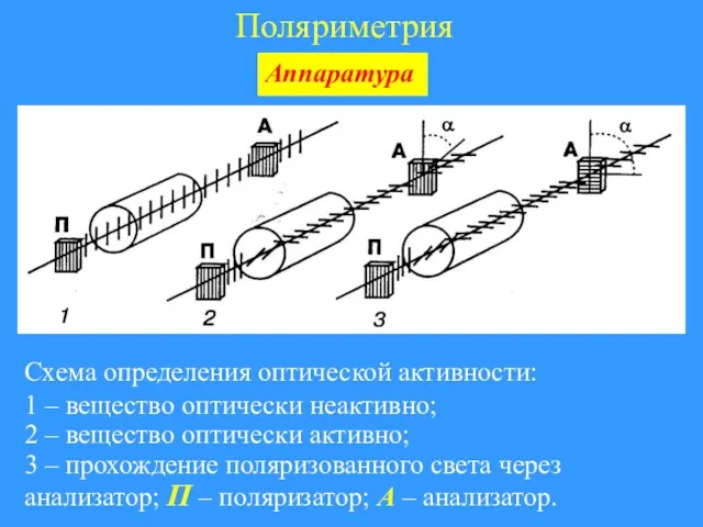 Поляриметрия Аппаратура Схема определения оптической активности: 1 – вещество оптически неактивно;