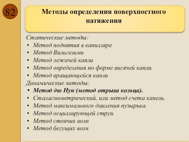 Методы определения поверхностного натяжения Статические методы: Метод поднятия в капилляре Метод