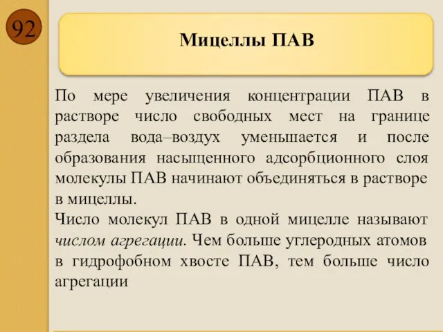 Мицеллы ПАВ По мере увеличения концентрации ПАВ в растворе число свободных