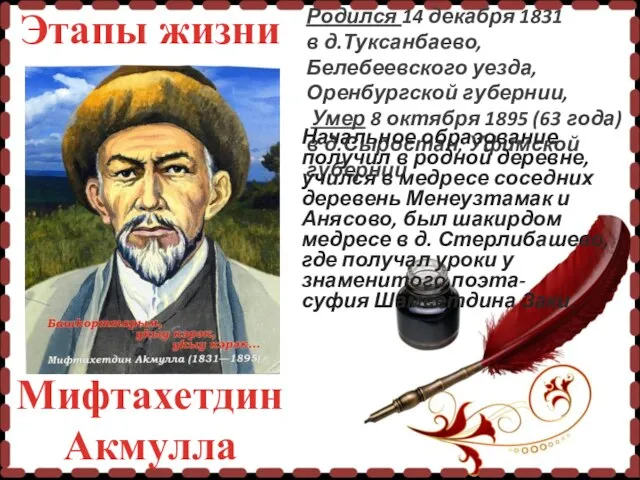 Этапы жизни Родился 14 декабря 1831 в д.Туксанбаево, Белебеевского уезда, Оренбургской