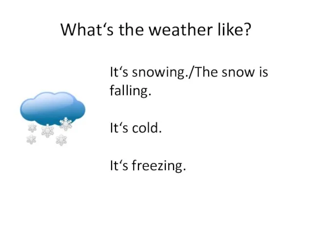 What‘s the weather like? It‘s snowing./The snow is falling. It‘s cold. It‘s freezing.