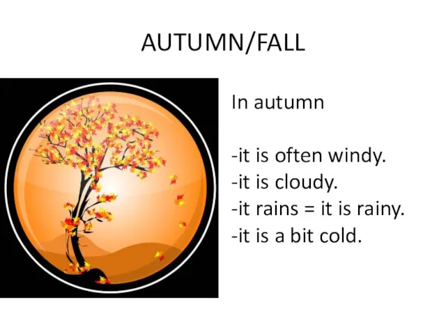 AUTUMN/FALL In autumn -it is often windy. -it is cloudy. -it